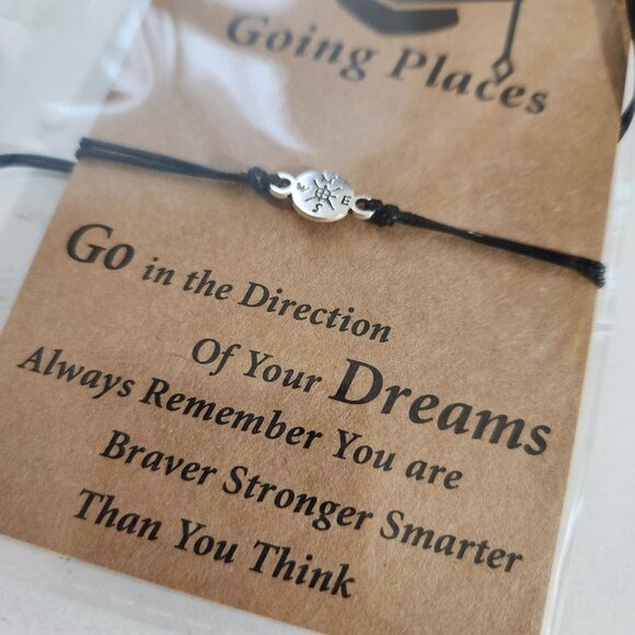 Graduation Compass Bracelet With Adjustable Black Cord & Inspirational Quote Car - Picture 2 of 3